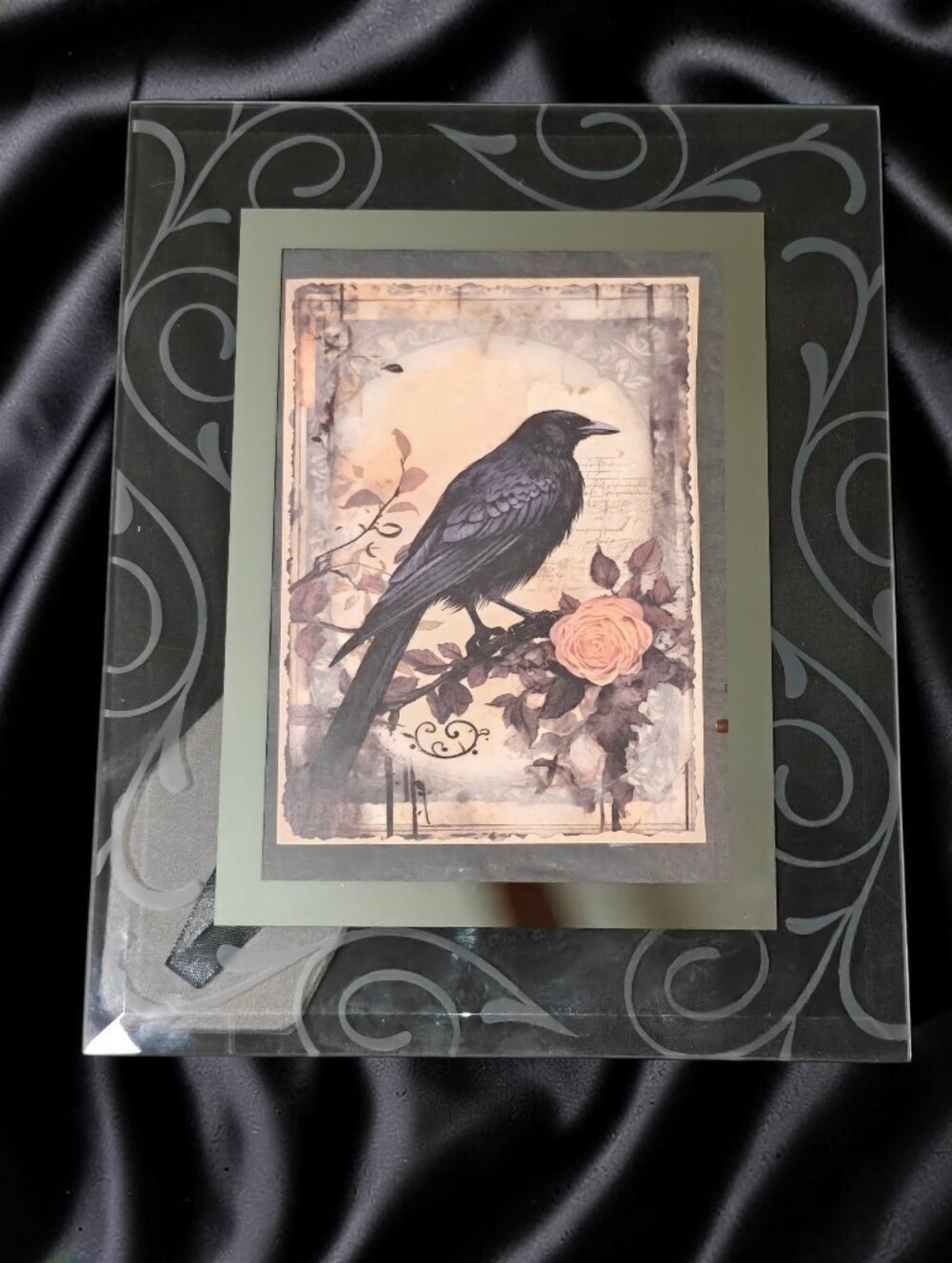 Gothic Blackbird and Roses Art Beveled Glass Mirrored Frame (8 x 10)